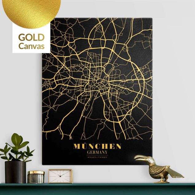 Stampa su tela oro Mappa di Monaco di Baviera - Nero classico