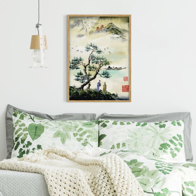 Poster con cornice - Giapponese disegno ad acquerello di pino e Mountain Village - Verticale 4:3