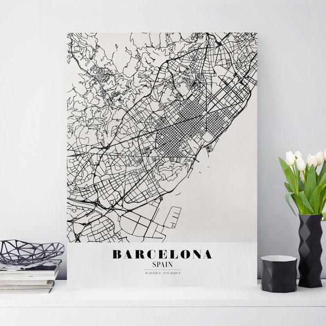 Stampa su tela bianco e nero Mappa di Barcellona - Classica