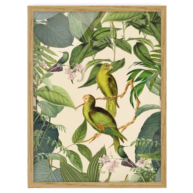 Poster con cornice - Vintage Collage - Pappagalli In The Jungle - Verticale 4:3