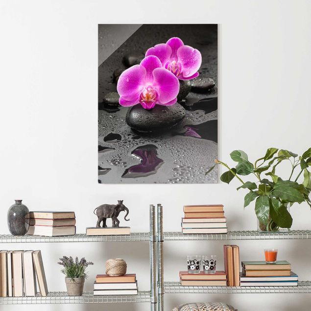 Quadro in vetro - Pink Orchid Fiori Sulle Pietre Con Le Gocce - Verticale 4:3