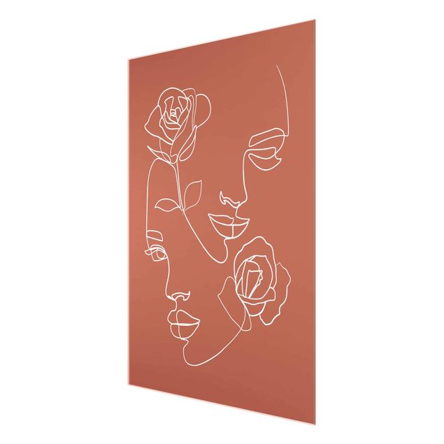 Quadro in vetro - Line Art Faces donne Roses rame - Verticale 4:3