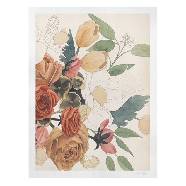 Stampa su tela Disegno di bouquet di fiori in rosso e seppia II
