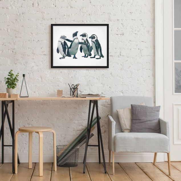 Poster con cornice - Illustrazione Pinguini nero e acquerello bianco - Orizzontale 3:4