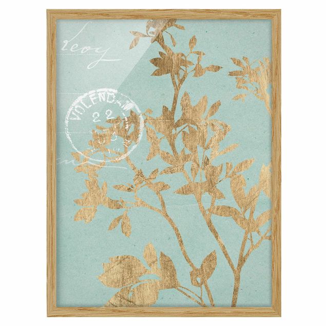 Poster con cornice - Foglie D'Oro Su Turquoise II - Verticale 4:3