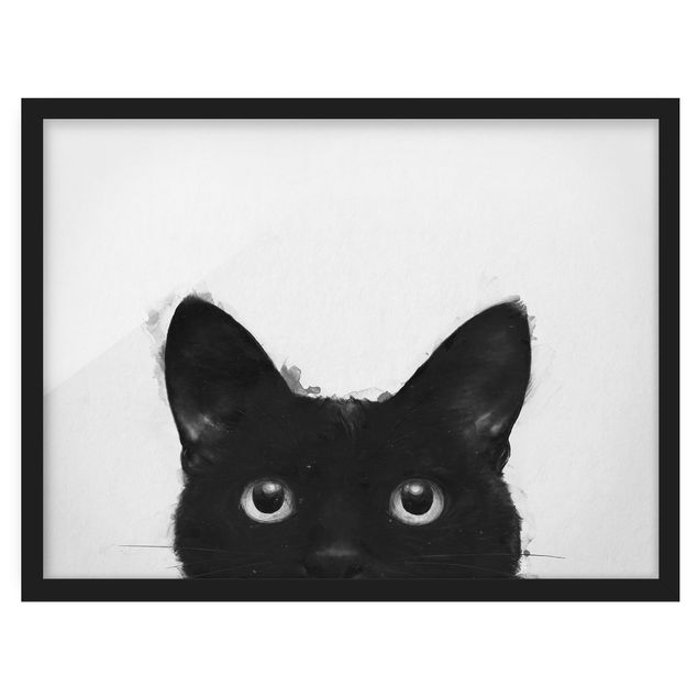 Poster con cornice - Illustrazione pittura Gatto nero su bianco - Orizzontale 3:4