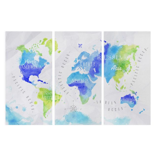 Stampa su tela 3 parti - World Map watercolor blue green - Verticale 2:1