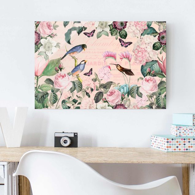 quadri con animali Collage vintage - Rose e uccelli