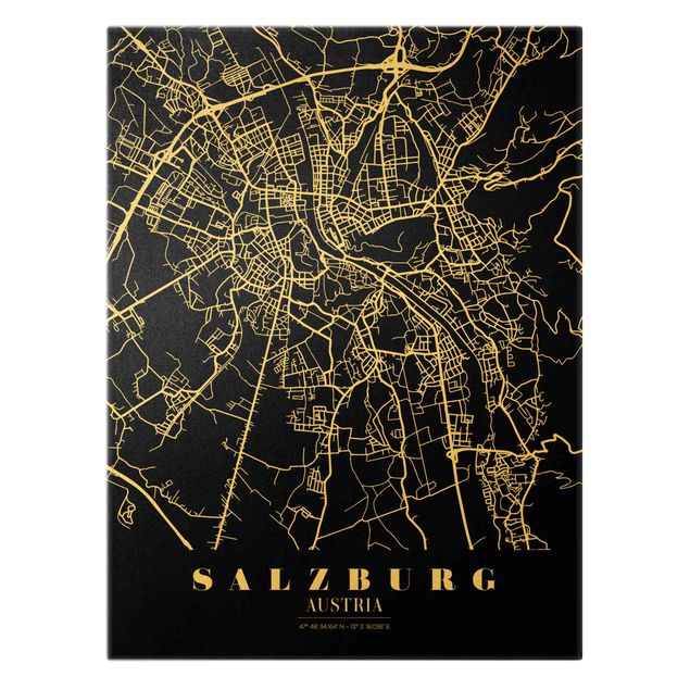 Quadro su tela oro - Pianta della città Salisburgo - Classico nero