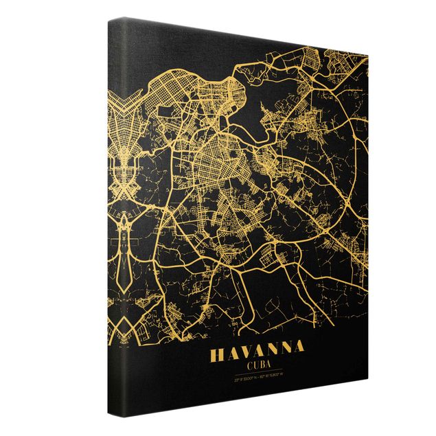 Quadro su tela oro - Pianta della città L'Avana - Classico nero
