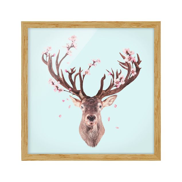 Poster con cornice - Cervo con Cherry Blossoms - Quadrato 1:1