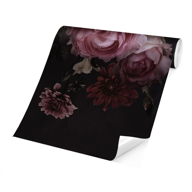 Carta da parati adesiva - Pink Flowers On Black- Formato quadrato