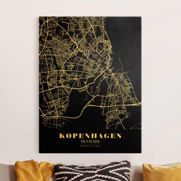 Stampa su tela oro Mappa della città di Copenaghen - Nero classico