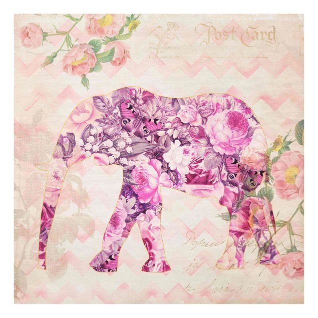 Quadro in vetro - Vintage Collage - Pink Elephant Fiori - Quadrato 1:1