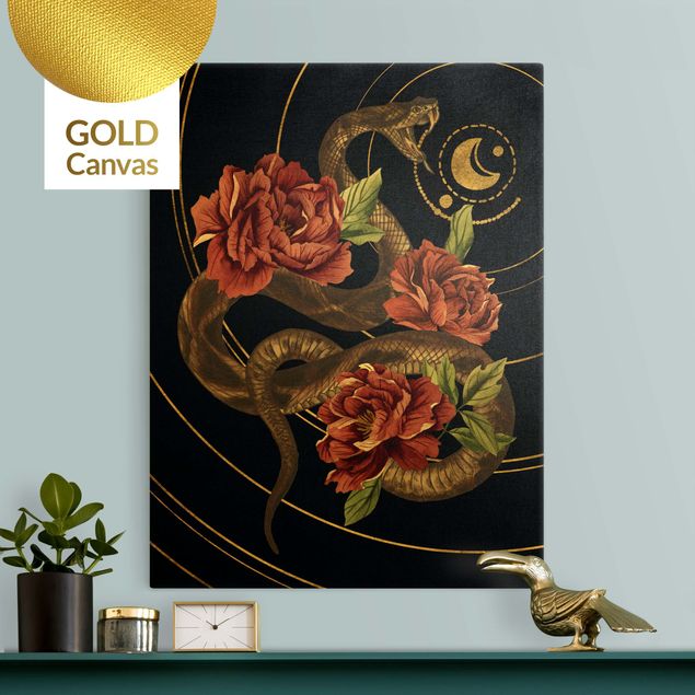 Stampe su tela oro Serpente con rose nero e oro II