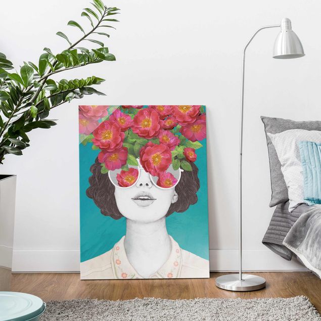 Lavagna magnetica vetro Illustrazione - Ritratto di Donna - Collage con Fiori Occhiali