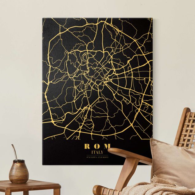 Stampa su tela oro Mappa di Roma - Nero classico