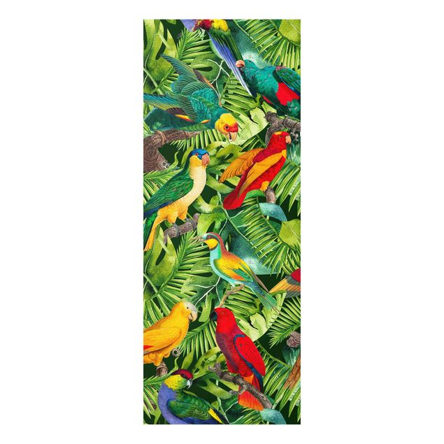 Quadro in vetro - Colorato collage - Parrot In The Jungle - Pannello