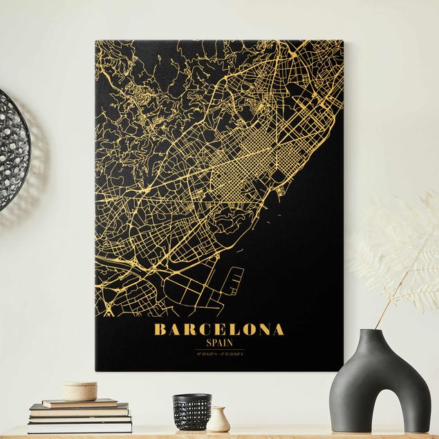 Quadri moderni per soggiorno Mappa della città di Barcellona - Nero classico