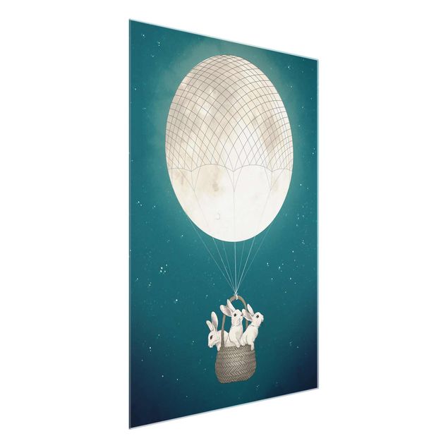 Quadro in vetro - Illustrazione Hare Balloon Luna cielo stellato - Verticale 4:3