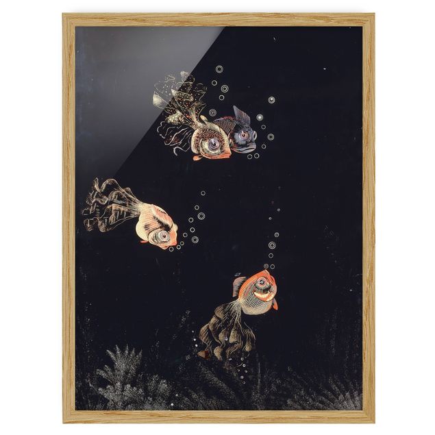 Poster con cornice - Jean Dunand - Underwater Scene With Red And Golden Fish, Bubbles - Verticale 4:3