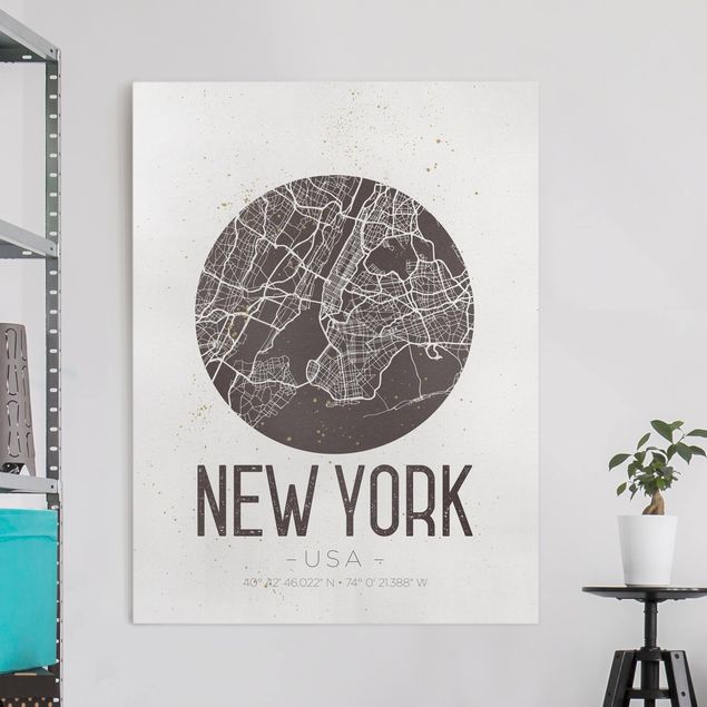 Stampa su tela bianco e nero Mappa di New York - Retrò