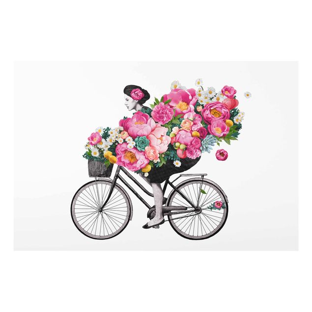 Quadro in vetro - Illustrazione Donna in bicicletta Collage fiori variopinti - Orizzontale 2:3