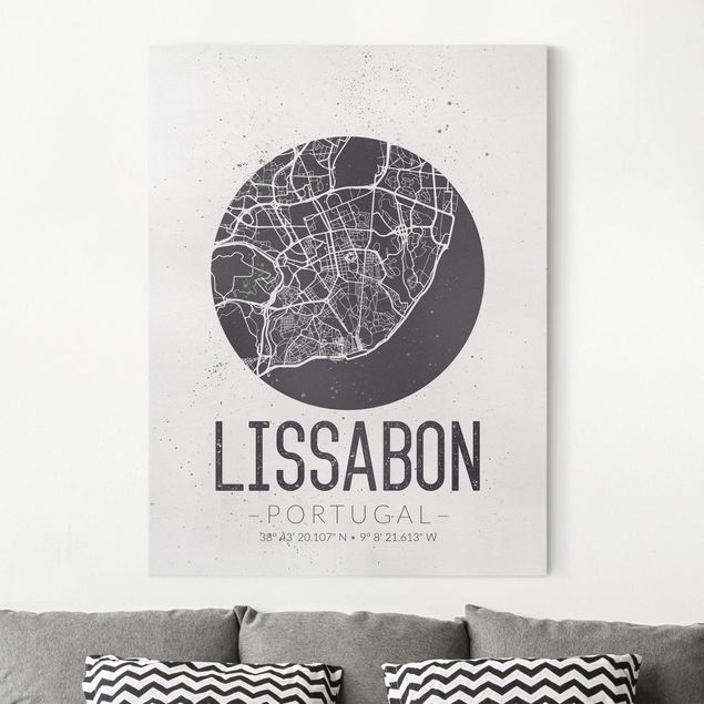 Stampe su tela bianco e nero Mappa di Lisbona - Retrò