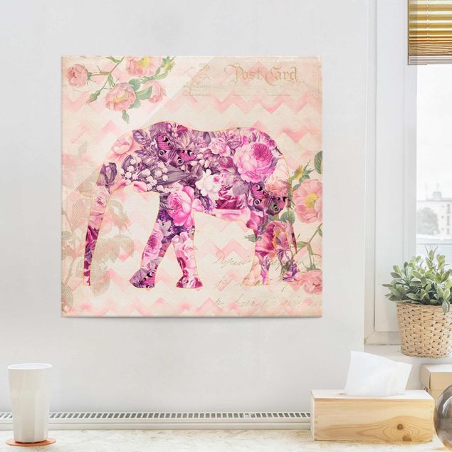 stampe animali Collage vintage - Fiori rosa elefante