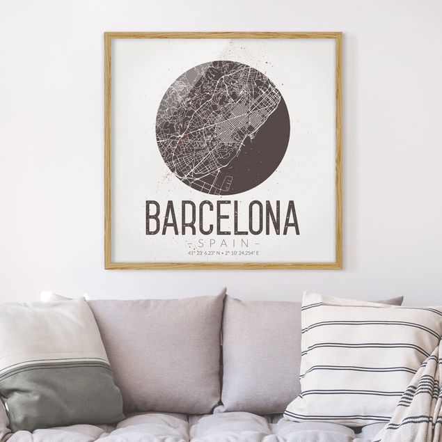 Poster con cornice - Mappa Barcelona - Retro