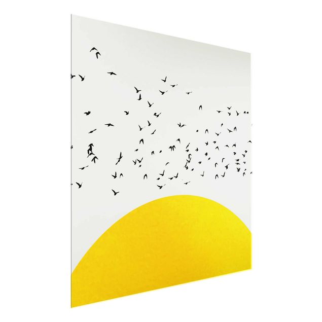 Quadro in vetro - Stormo di uccelli davanti al sole dorato - Quadrato 1:1