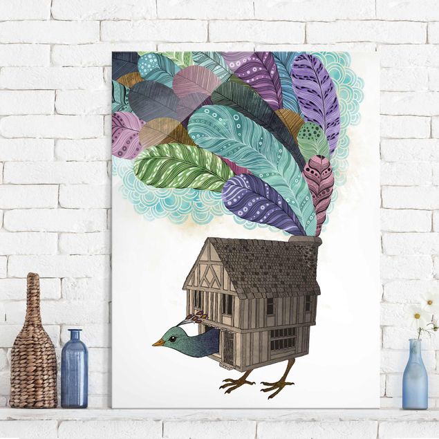 Quadro in vetro - Illustrazione Bird House con le piume - Verticale 4:3