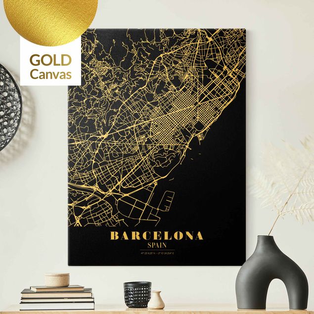 Tela mappamondo Mappa della città di Barcellona - Nero classico