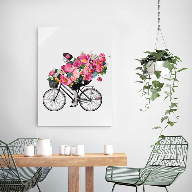 Lavagna magnetica in vetro Illustrazione - Donna in bicicletta - Collage di fiori colorati