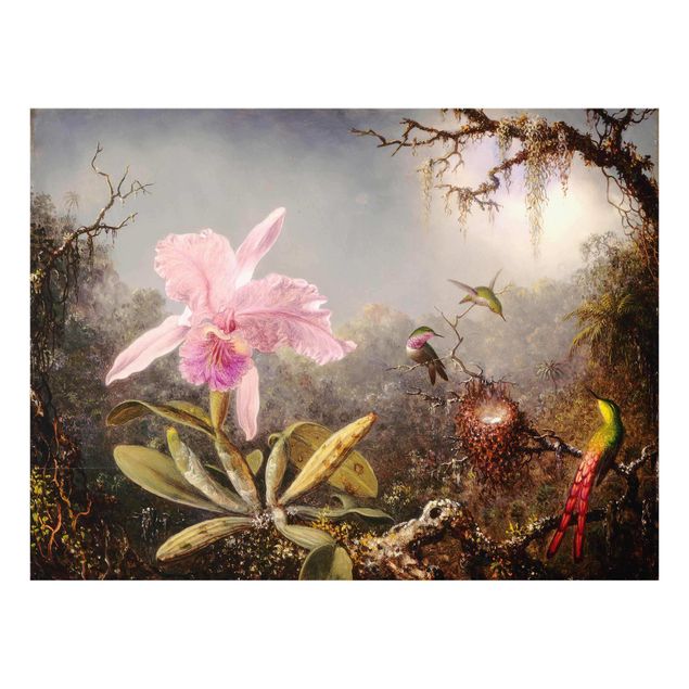 Quadro in vetro - Martin Johnson Heade - orchidea e Tre colibrì - Orizzontale 3:4