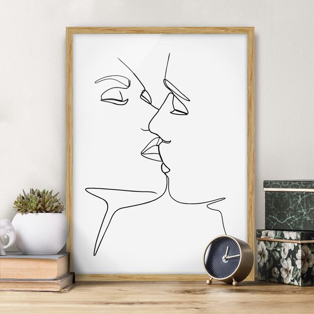 Poster con cornice - Line Art bacio Faces Bianco e nero - Verticale 4:3