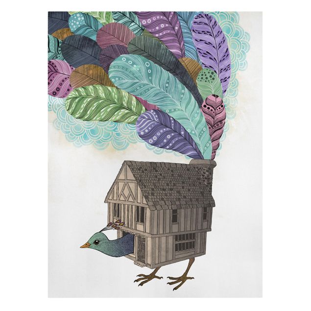 Quadri su tela animali Illustrazione - Casetta per uccelli con piume
