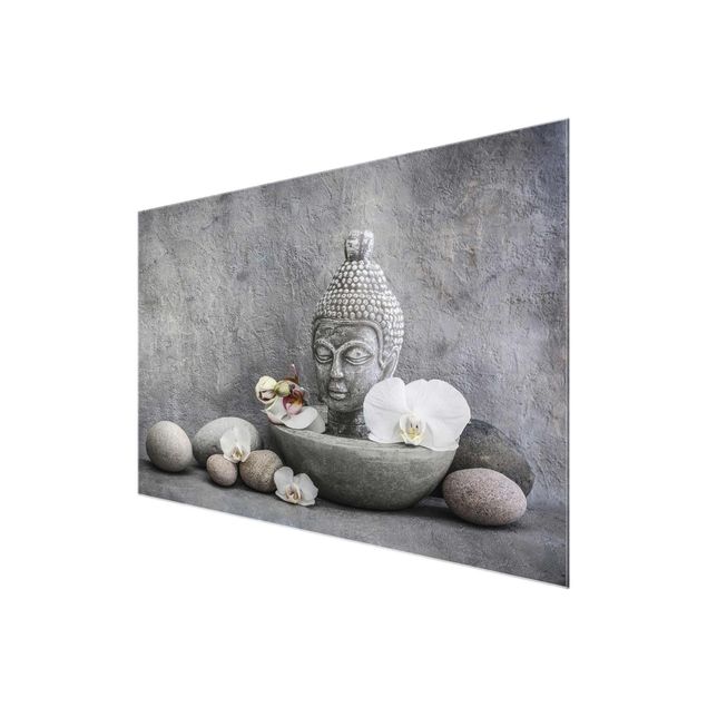 Quadro in vetro - Zen Buddha, orchidee e pietre - Orizzontale 2:3