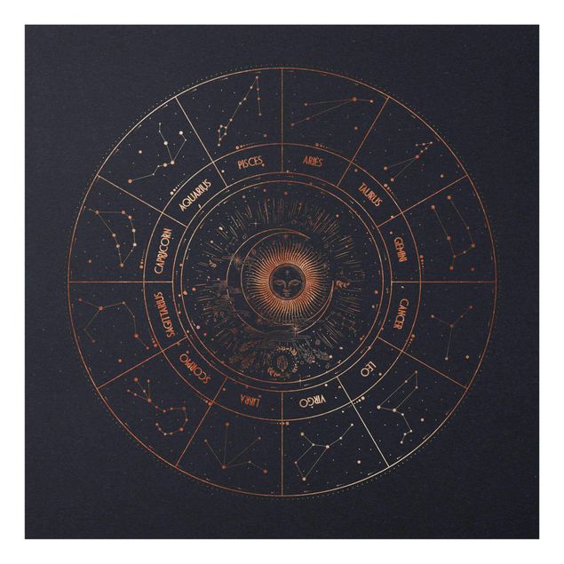 Quadro in vetro - Astrologia i 12 segni dello zodiaco Blue Gold - Quadrato 1:1