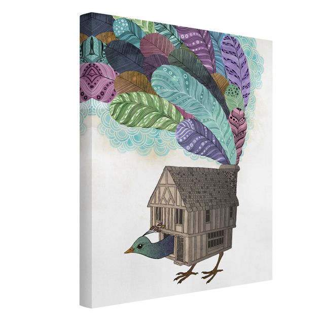 Riproduzione quadri su tela Illustrazione - Casetta per uccelli con piume