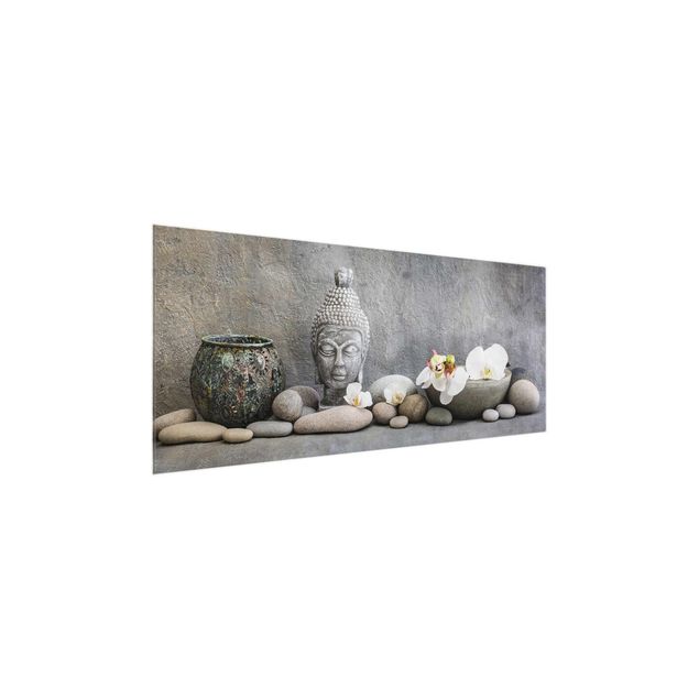 Quadro in vetro - Zen Buddha con orchidee bianche - Panoramico
