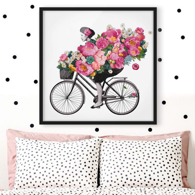 Poster con cornice - Illustrazione Donna in bicicletta Collage fiori variopinti - Quadrato 1:1
