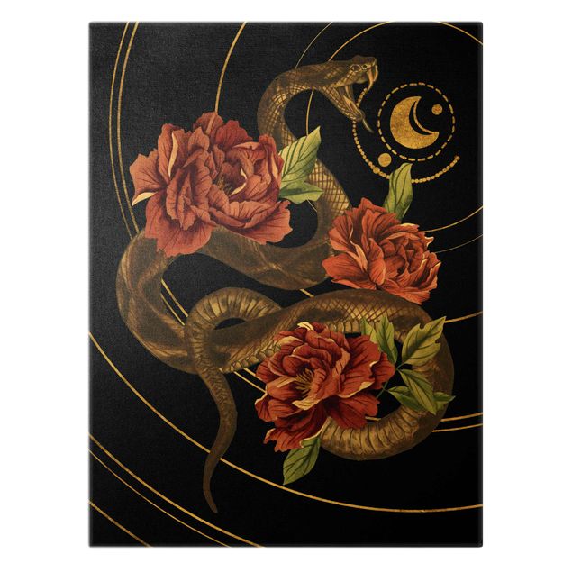 Stampe su tela Serpente con rose nero e oro II