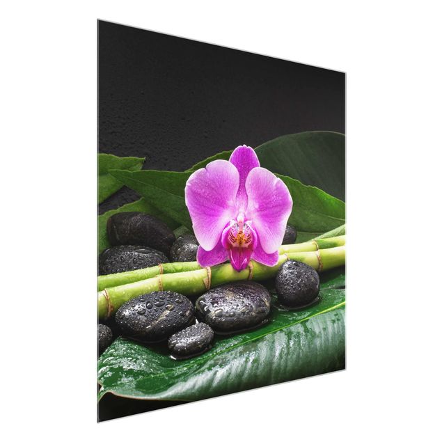 Quadro in vetro - Green Bamboo Con L'orchidea Blossom - Quadrato 1:1