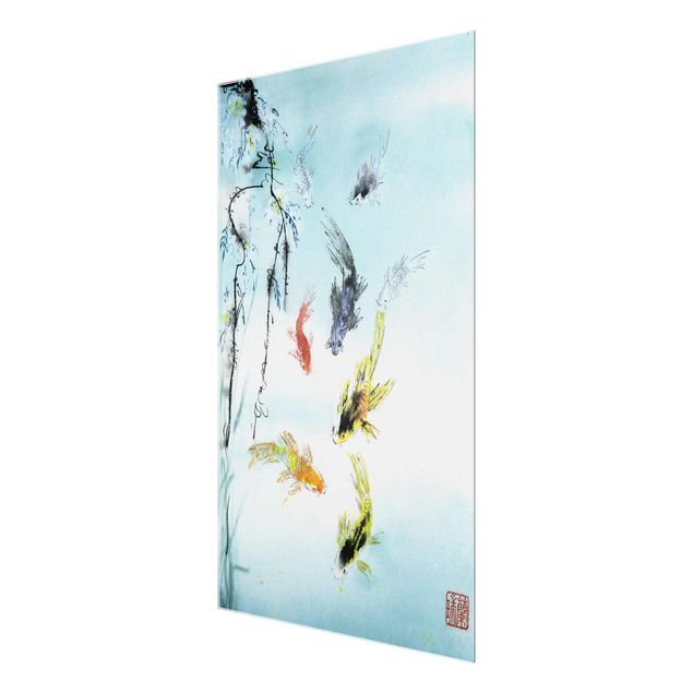 Quadro in vetro - Giapponese disegno ad acquerello Goldfish I - Verticale 3:2