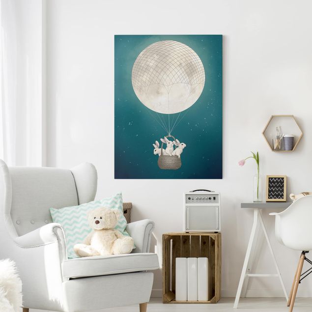 stampe animali Illustrazione - Conigli e luna come mongolfiera cielo stellato