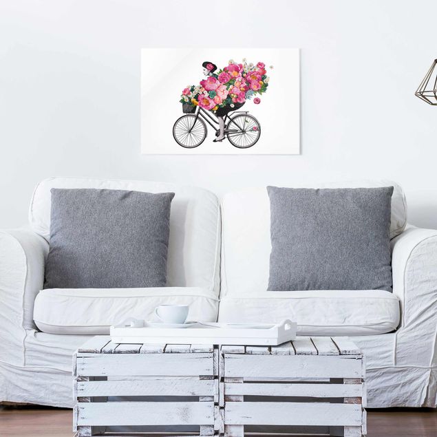 Lavagna magnetica vetro Illustrazione - Donna in bicicletta - Collage di fiori colorati