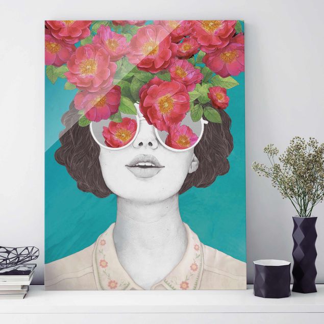 Quadro in vetro - Illustrazione Collage del ritratto della donna con i fiori Occhiali - Verticale 4:3