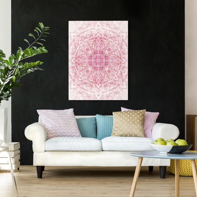 Quadri moderni per soggiorno Mandala - Acquerelli Sole Ornamento Rosa Chiaro