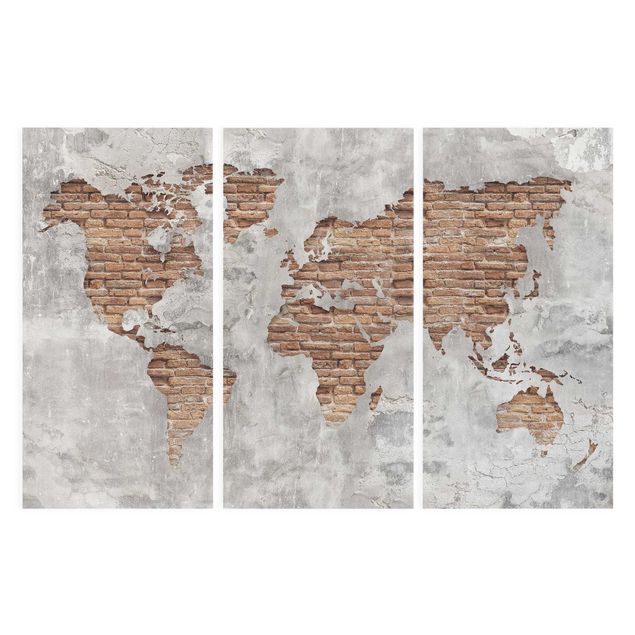 Stampa su tela 3 parti - Shabby Concrete Brick world map - Verticale 2:1